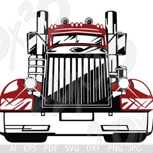 May include: A vector illustration of a semi-truck, viewed head-on. The truck features a red cab and black and white details, including a large front grill, headlights, and exhaust stacks. The design is bold and graphic.