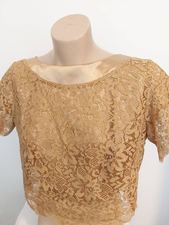 Vintage 1960s gold satin blouse with lace overlay