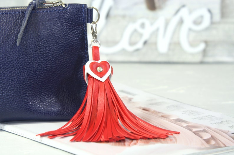 Red leather tassel Heart charm Red leather keychain Heart pendant Red heart Bag charm Red leather bag Tassel bag Gift ideas