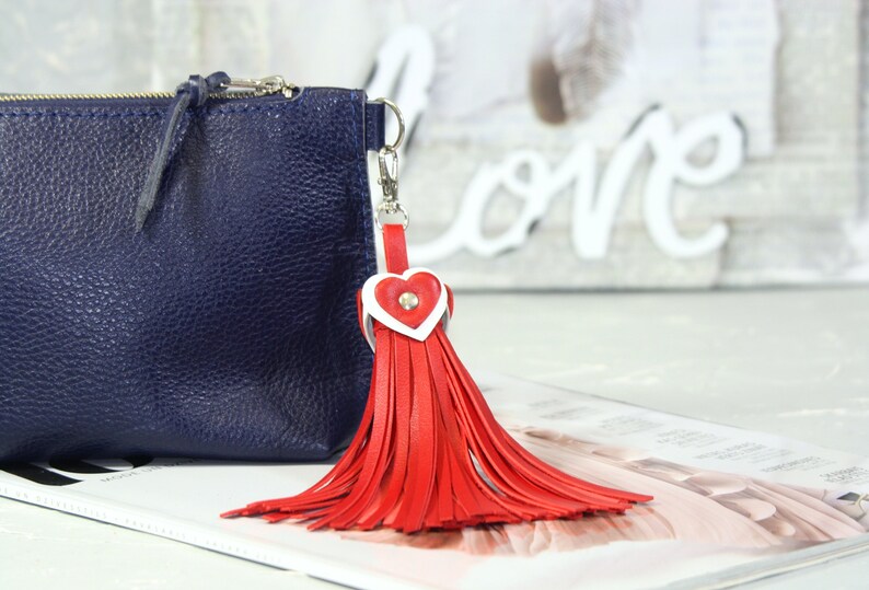 Red leather tassel Heart charm Red leather keychain Heart pendant Red heart Bag charm Red leather bag Tassel bag Gift ideas
