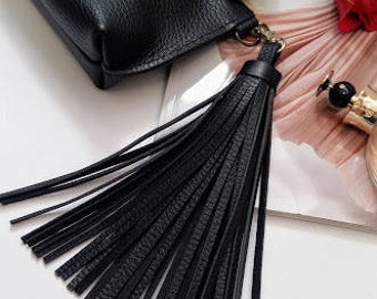 Black leather tassel-Black leather keychain  Black tassel  Leather tassel  Black leather  Bag charm  Black leather bag Tassel bag Gift ideas