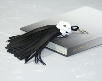 Black leather tassel-Black and white leather keychain Leather tassel Black tassel leather Bag charm Black leather bag