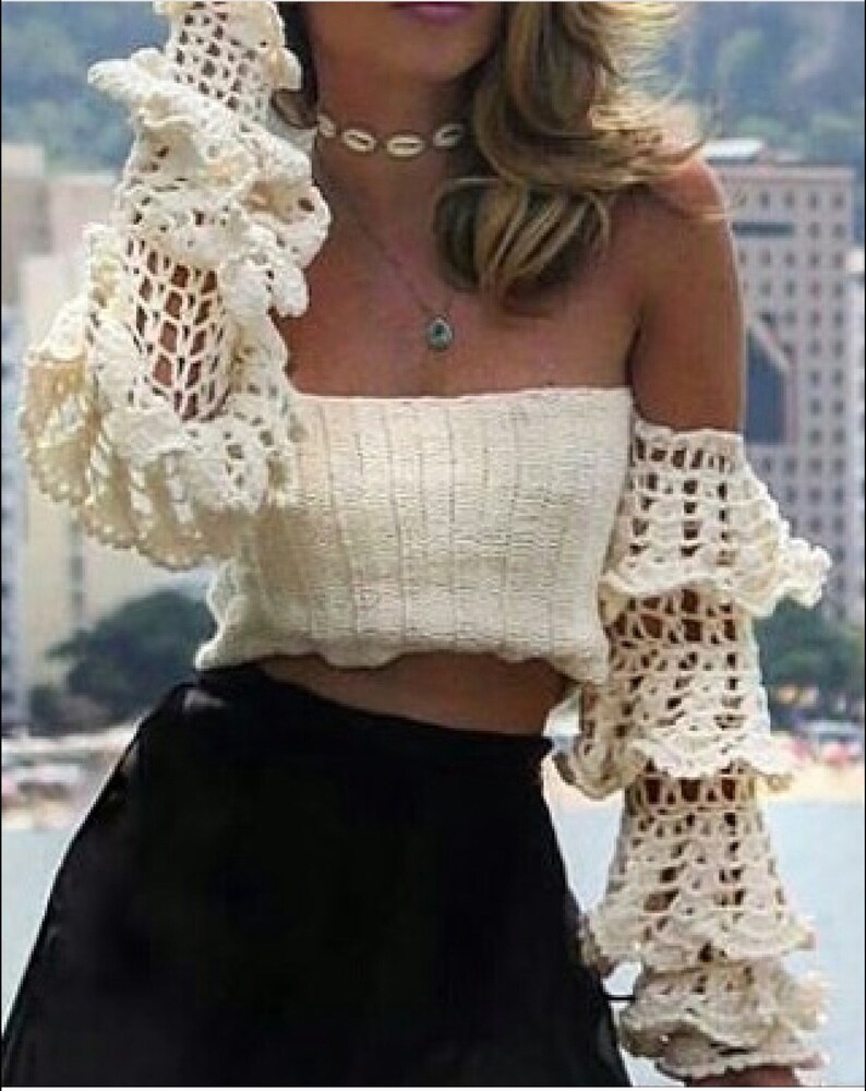 Crochet Cropped Top With Tiered Ruffle Bell Long Sleeve Boho Etsy
