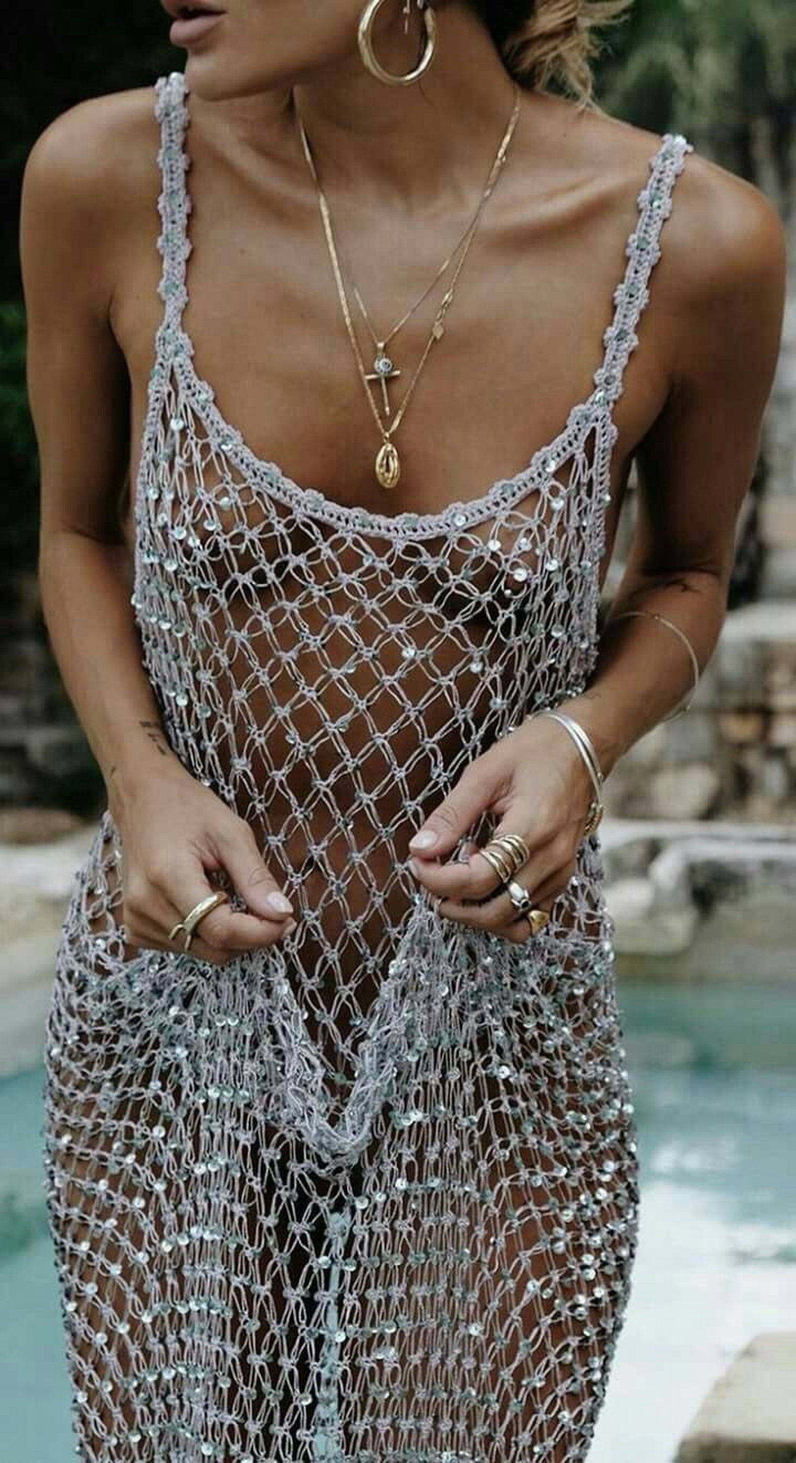 See through sexy beach mesh fishnet dress crochet cover up image 1.