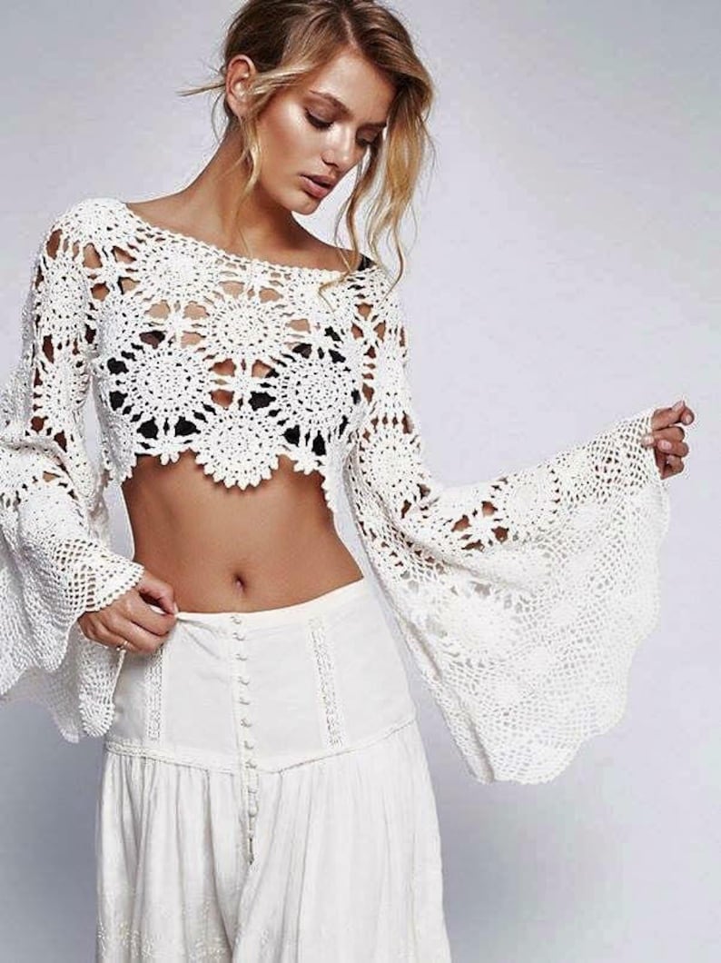 Crochet crop top boho outfit Bell sleeve Long sleeves wedding Etsy