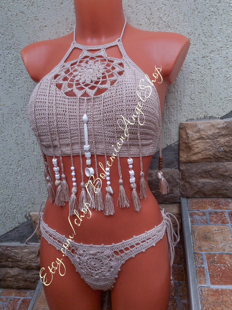 Bikini fringe halter crop top fashion crochet sexy lace beach Etsy