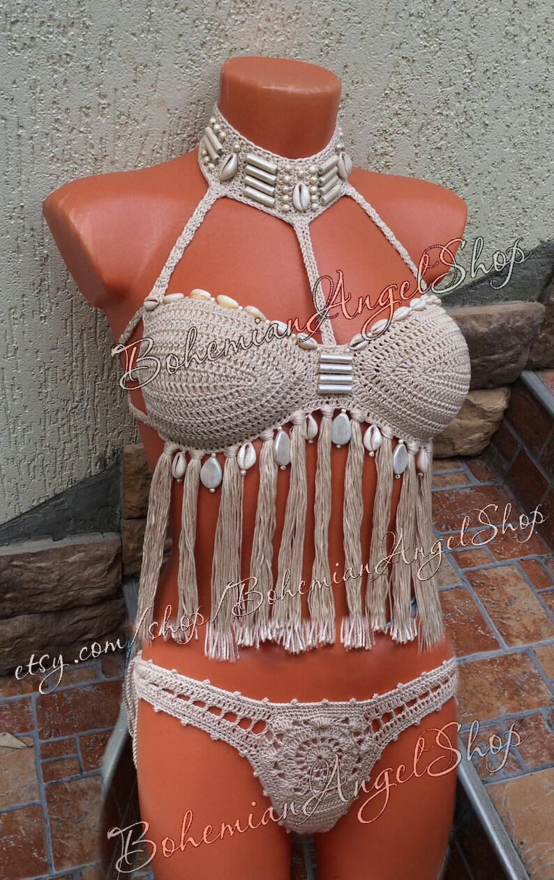 Crochet bikini top fringed tanga bottoms crop top boho Etsy