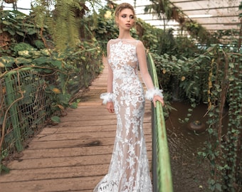 chinese dress ladies Sparkling white lace under nude wedding dress – Destiny Chic main image 1