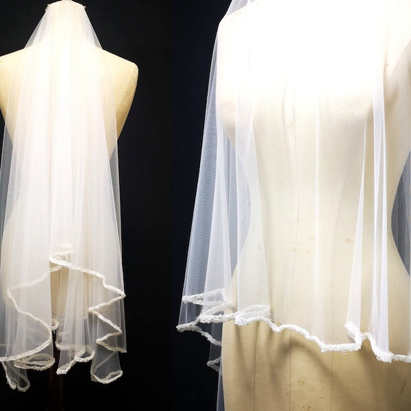 Short Silk Tulle Veil, Unique Blush Wedding Veil, Cathedral Bridal Veil, Lace Chapel Veil, White Sheer Wedding Veil, Wedding Vale