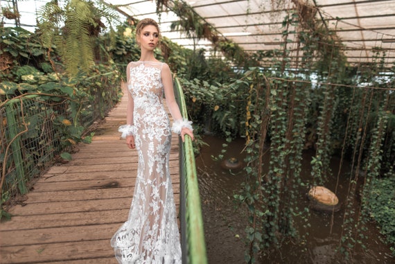 4US/36 Sheer Lace Mermaid Wedding Dress  Nude Bridal Gown With Long  Sleeves, Sexy Fitted Floral Lace Dress - Etsy
