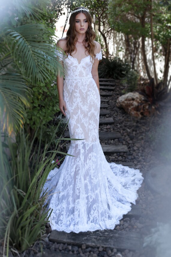 Boho Lace Mermaid Wedding Dress Tight Bridal Gown Off The Etsy