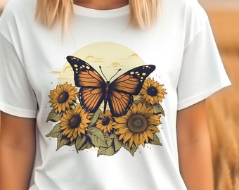 Vintage sunflower and butterfly tee shirt, boho floral top, beautifully retro sunflowers shirt, fall tee shirt, gifts for her