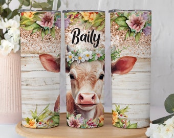 Personalized Floral baby Cow Tumbler With Straw and Lid,Cute cowTumbler with Name Gift For cow Lover,Floral Farm Animal Tumbler Gift for Her