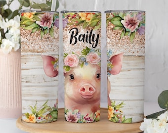 Personalized Floral Pig Tumbler With Straw and Lid,Cute Pig Tumbler with Name Gift For Pig Lover ,Floral Farm Animal Tumbler Gift for Her