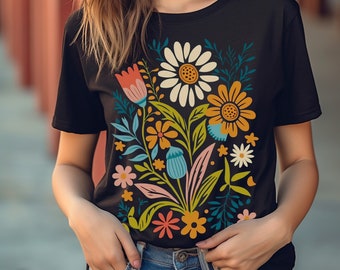 Floral shirt, folk art tee, cute women tee shirt, boho floral top, bohemian tee shirt