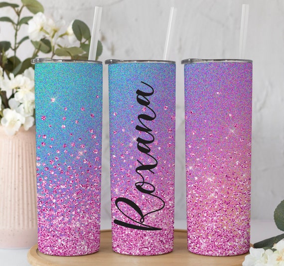 Custom Personalized Purple Glitter Tumbler With Lid And Straw