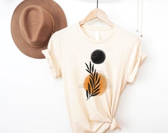 Sun shirt,Boho tee shirt, organic floral tee, moon t-shirt, sunrise tee, minimalistic t-shirt, sunset shirt, modern tee, original art shirt