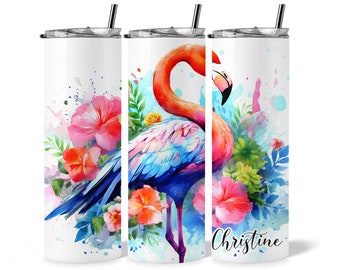 Personalized Pink Flamingo Tumbler with Name,Cute Flamingo Tumbler Cup , Gift For Women, Tropical Palm Leaf Tumbler Birthday Gift For Her