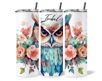 Blush flowers boho owl tumbler, personalized gift for best friend, custom name tumbler, cute floral tumbler gift, birthday gifts