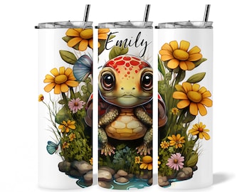 Baby turtle personalized name tumbler, cute turtle lover tumbler, girl birthday gift, red footed turtle tumbler with lid and straw