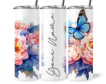Blush flowers and butterflies tumbler, personalized gift for best friend, custom name tumbler, cute floral tumbler gift, birthday gifts