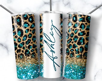 Teal cheetah faux glitter name tumbler, Name Tumbler Leopard Print,Tumbler With Straw, Name Tumbler Cup Personalized, leopard tumbler name