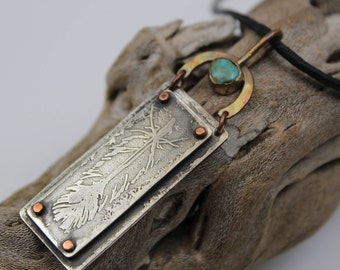 Etched feather and turquoise pendant