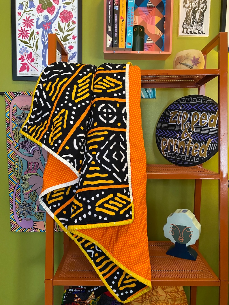 Handmade Quilt Black, Orange, and Yellow Baby Blanket Modern, Machine Washable image 1