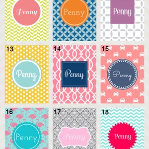 May include: A set of 9 personalized designs for a planner or notebook. Each design features a different pattern and a circle with the name "Penny" in it.