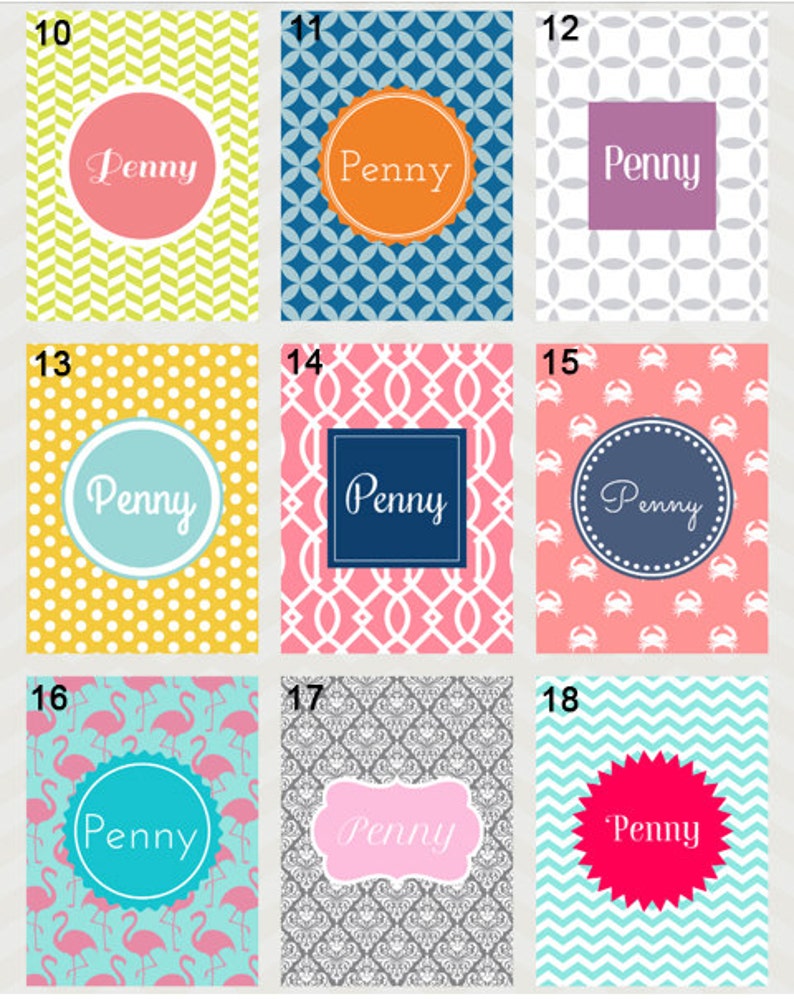 May include: A set of 9 personalized designs for a planner or notebook. Each design features a different pattern and a circle with the name "Penny" in it.