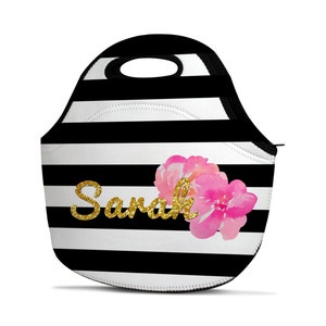 Personalized Lunch Bag - Monogram Lunch Bag - Gold Lunch Bag - Name Lunch Bag - Insulated Lunch Bag - Neoprene Lunch Bag - Striped Lunch Bag