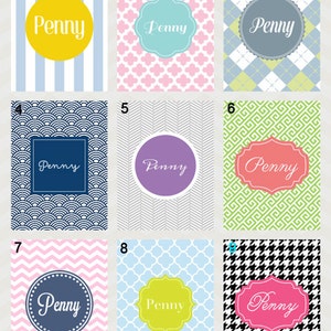 May include: Nine different designs for personalized labels with the name "Penny" in a variety of fonts and colors. Each design features a different pattern, including stripes, polka dots, and geometric shapes.