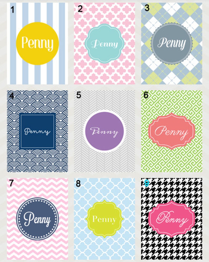 May include: Nine different designs for personalized labels with the name "Penny" in a variety of fonts and colors. Each design features a different pattern, including stripes, polka dots, and geometric shapes.