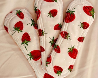 8.5" Heavy Flow Reusable Cloth Pad, Pink With Strawberries, Cotton