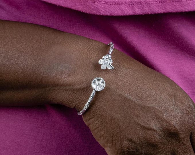 Hibiscus and Steel Pan Bangle Handmade in Sterling Silver with Diamante Pattern