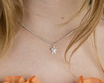Small Caribbean Sea Turtle Pendant with Chain in .925 Sterling Silver