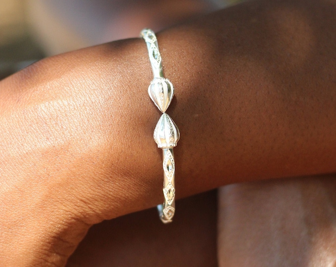 150 Thick West Indian Bangle with Cocoa Pod Ends Handmade in .925 Sterling Silver - SOLD INDIVIDUALLY