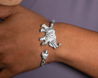 Large Elephant and Taj Mahal Bangle Handmade in Sterling Silver with Diamante Pattern
