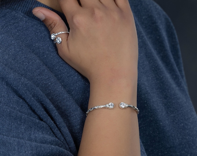 125 West Indian Bangle with Synthetic White CZ April Birthstone Handmade in Sterling Silver