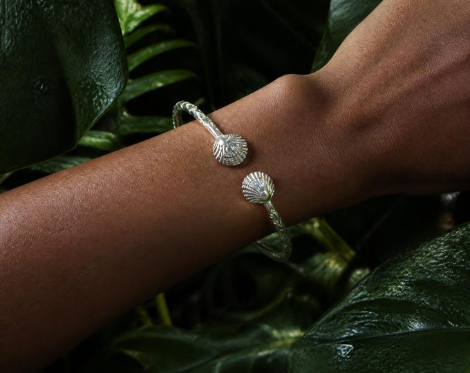 Clam Shell Bangle Handmade in Sterling Silver with Diamante Pattern
