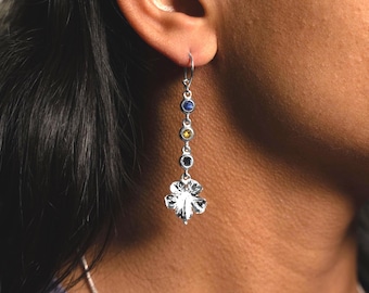 Large Hibiscus Flower with Black, Yellow, and Blue stones Earring in Sterling Silver