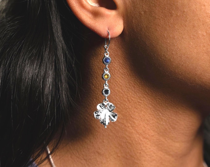 Large Hibiscus Flower with Black, Yellow, and Blue stones Earring in Sterling Silver