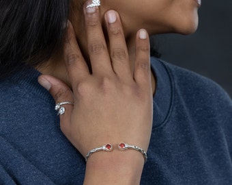 125 West Indian Bangle with Synthetic Garnet January Birthstone Handmade in Sterling Silver