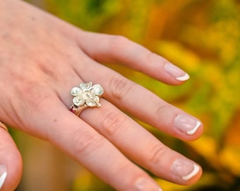 Hibiscus Flower Ring with Red Stone made in 925 Sterling Silver