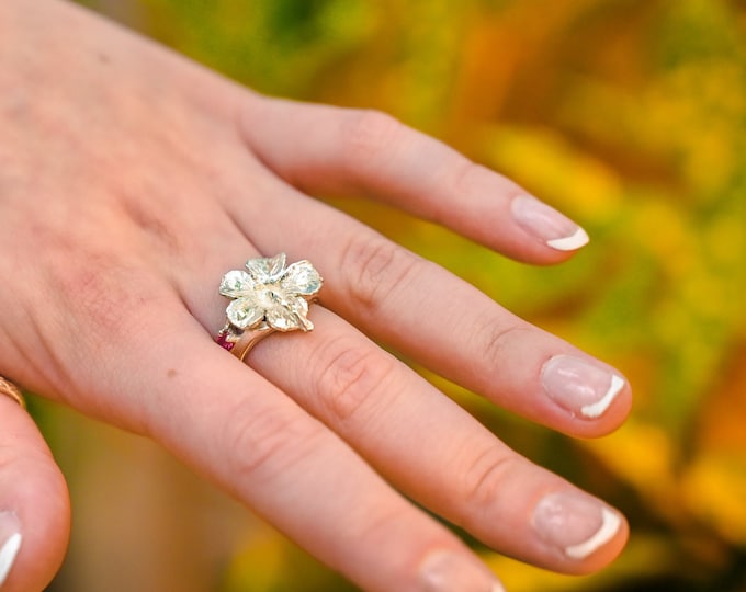 Hibiscus Flower Ring with Red Stone made in 925 Sterling Silver