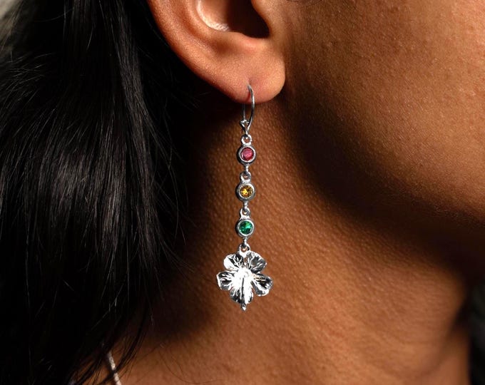 Large Hibiscus Flower with Red, Yellow, and Green stones Earring in Sterling Silver