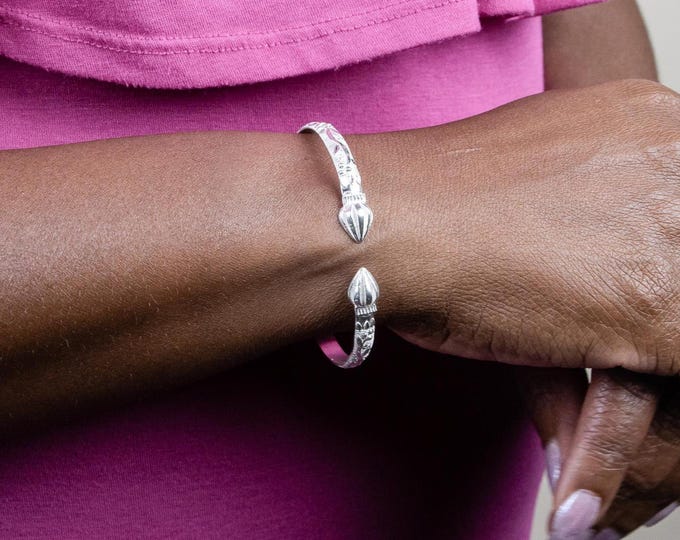 Flat Sterling Silver West Indian Bangle – Cocoa Pod & Grape Design