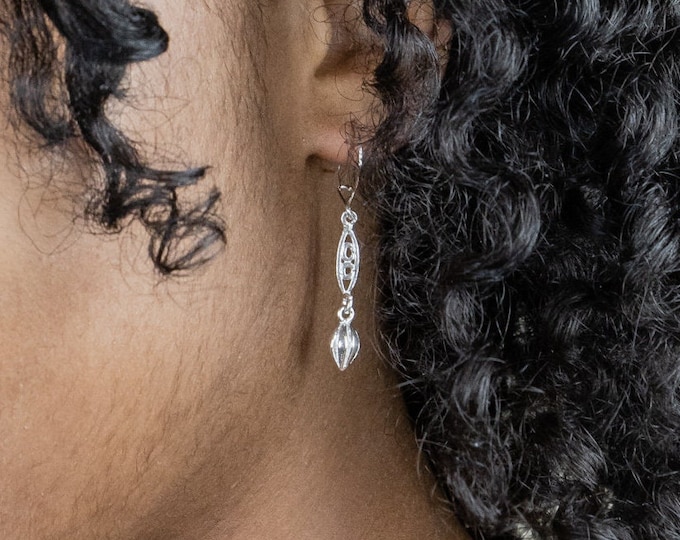 West Indian Cocoa Pod Earrings long in .925 Sterling Silver
