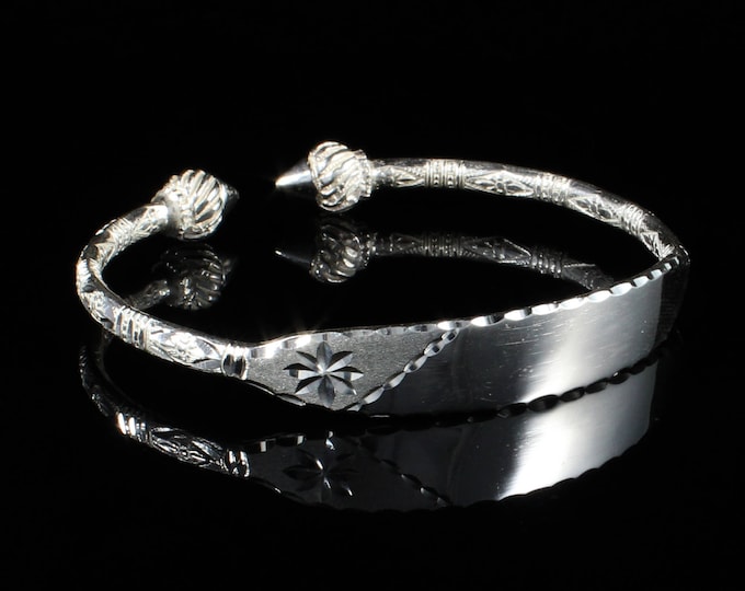 Engravable West Indian Bangle in Sterling Silver .925 Handmade with Taj Mahal ends and Bamboo diamante pattern .125" Thick