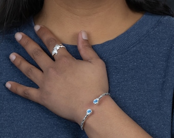 125 West Indian Bangle with Synthetic Aquamarine March Birthstone Handmade in Sterling Silver